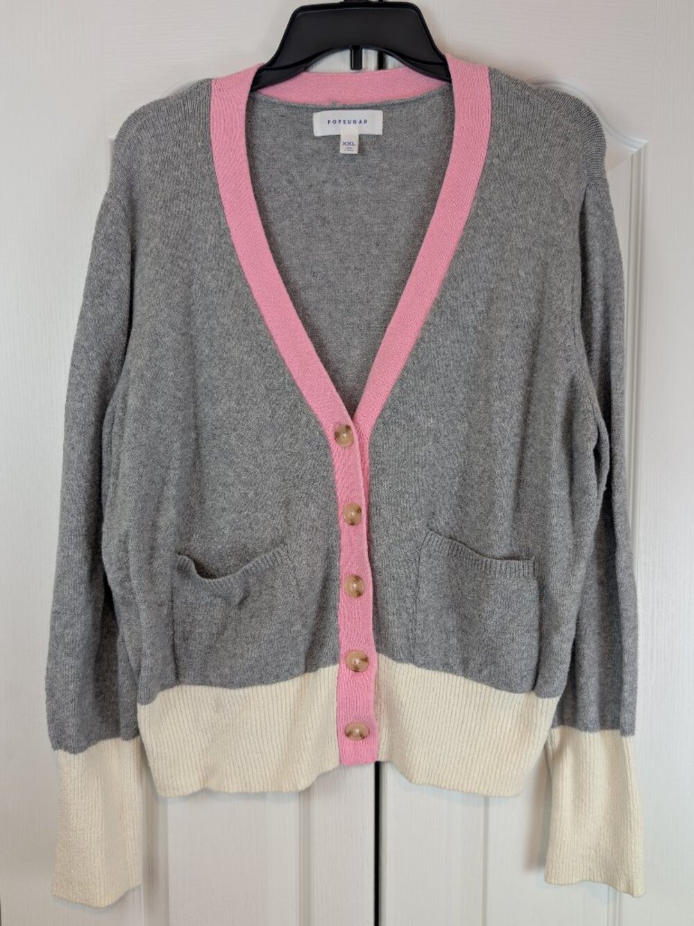 Popsugar Grey Pink and Cream Sweater Cardigan with Pockets XXL